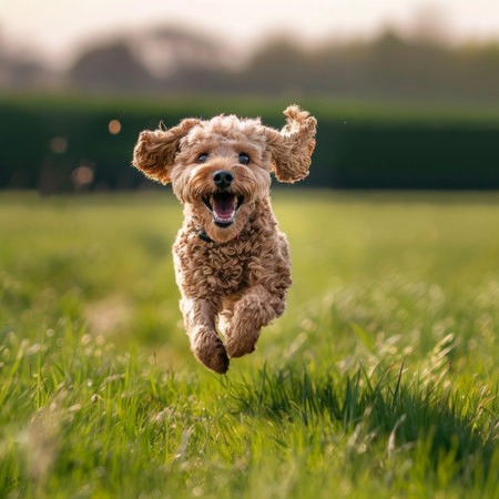 Portrait, puppy and running in grass at park or garden with cockapoo to exercise and explore natureの素材