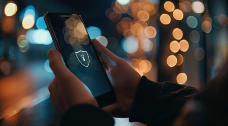 Hands, security and phone with lock icon for login, protection or safety system in city. Technologyの素材