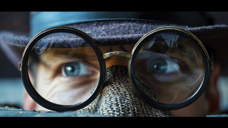 Man, eyes and investigator with glasses for spy, vigilance or secret agent at home investigationの素材