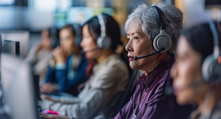 Women, call center and people at office with computer for telemarketing with headphones, mic orの素材