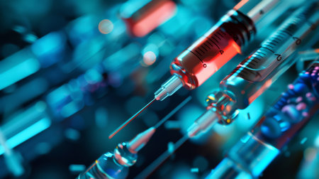 Syringe, drugs and medicine for vaccination, healthcare and wellness for longevity. Abstract, needleの素材