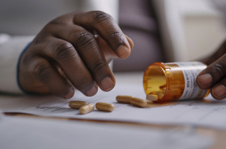 Person, hands and closeup with pills or paper for diagnosis for life extension trail or longevityの素材