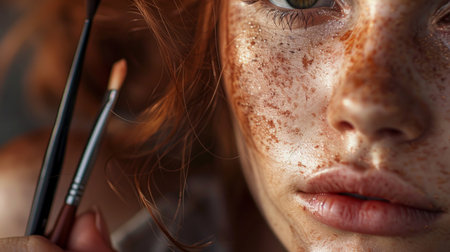 Woman, makeup and brush for beauty cosmetics or skincare transformation, dermatology or productの素材