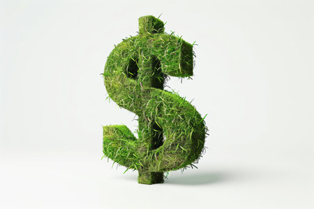 Grass, green and white background with dollar sign for eco-friendly currency or sustainable financeの素材