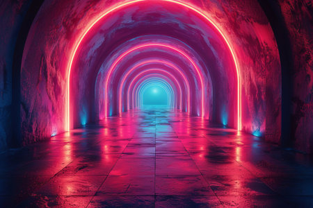 Neon, digital and light on tunnel or path for wallpaper, background and geometric pattern. Creativeの素材