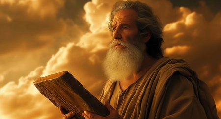 Art, illustration and Moses with stone tablet for ten commandments for conduct, laws and regulationsの素材