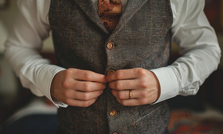 Fashion, man and hands with vintage suit, formal clothes and fixing buttons on vest for businessの素材