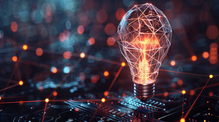 Future, idea and lightbulb with power from technology, innovation or progress in clean energy gridの素材