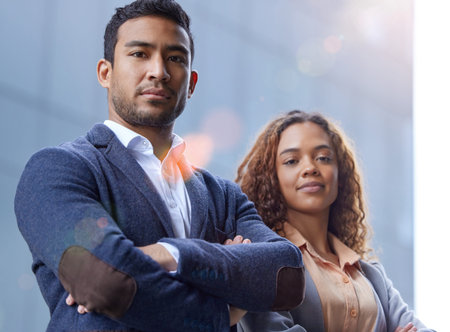Team, confidence and portrait of business people in city together for collaboration, solidarity or...