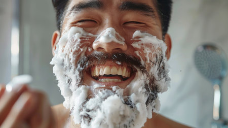 Face, skincare and foam with asian man in bathroom closeup for cleaning, hygiene or shaving. Beautyの素材