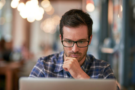 Man, working and coffee shop or laptop, email and remote work for digital, technology and...