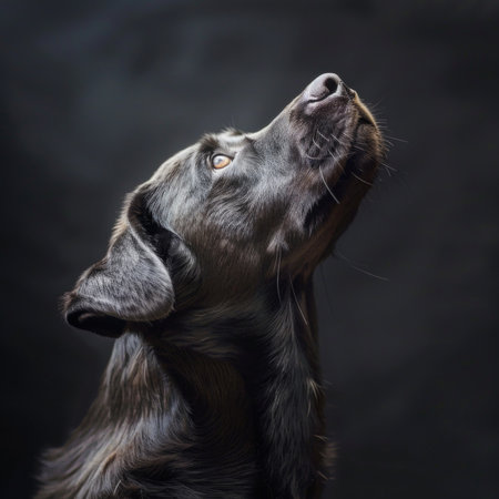 Dog, black labrador and closeup in studio with profile for health, growth and development by darkの素材