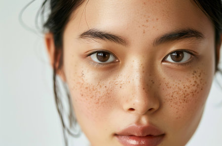 Makeup, portrait and skincare of asian woman with freckles in studio white background for changeの素材