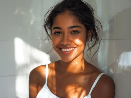 Portrait, beauty and sun for woman in bathroom, rays and skincare for cosmetic. Face, dermatologyの素材