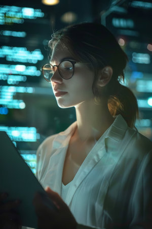 Woman, tablet and futuristic for cybersecurity, code and information technology or website. Computerの素材