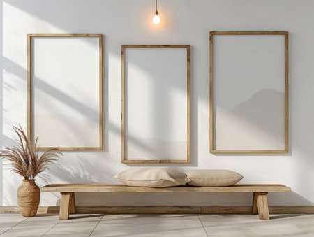 Interior design, empty frames and entrance in living room with light for creativity, inspiration orの素材