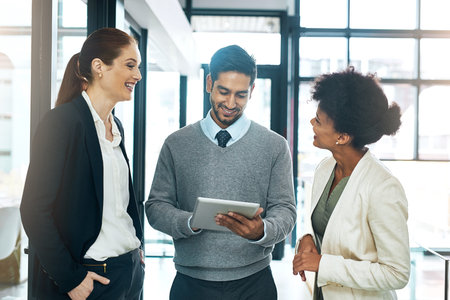 Business people, teamwork and planning on tablet with workflow, schedule and collaboration in...