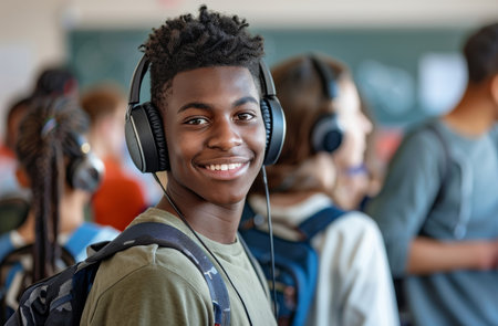 Student, headphones or portrait of black boy in campus, school or university with smile to studyの素材