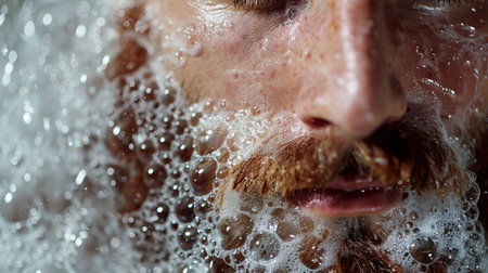 Bubbles, beard and man in bath for clean, health and skincare routine with body hygiene. Foam, mouthの素材