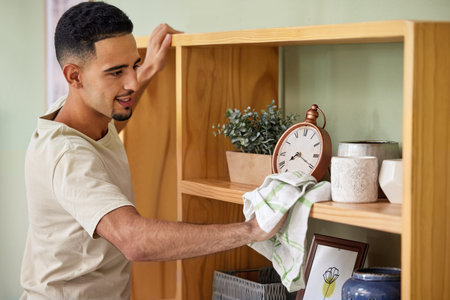 Cleaning, shelf and man in home to wipe with spray for chores, housework or responsibility....