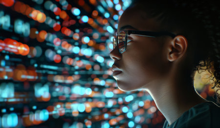 Woman, coder and thinking at night with digital interface for futuristic development orの素材