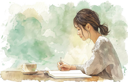 Woman, writing and watercolor illustration for creative design as wallpaper background, journal orの素材