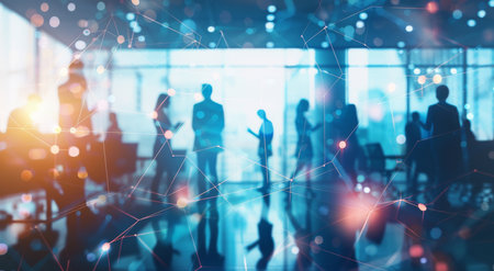 Networking, office and people, collaboration and double exposure, corporate and growth of companyの素材