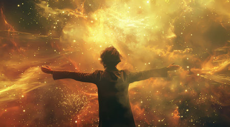 Person, freedom and cosmic, abstract background for spirituality, peace and faith. Figure, open armsの素材