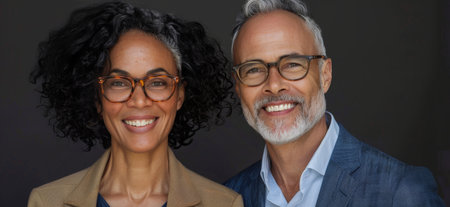 Portrait, man and woman with business partnership, smile and confidence in collaboration at law firmの素材