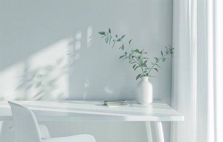Desk, empty and chair for modern apartment, house and study area in room with aesthetic plantの素材