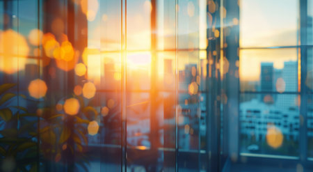 City, flare and window of office building at sunrise for start of business, corporate orの素材