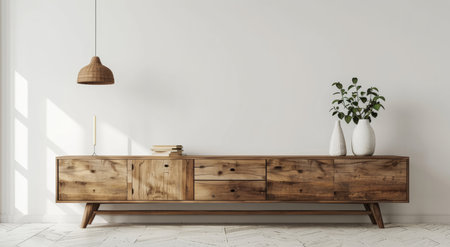 Tv table, empty and furniture for modern apartment, house and living room area with aesthetic plantの素材