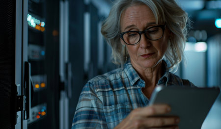 Server room, mature woman and tablet for software, developer and information technology forの素材