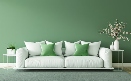 Interior design, couch and living room or empty and bright, decor and wall with mockup for luxuryの素材