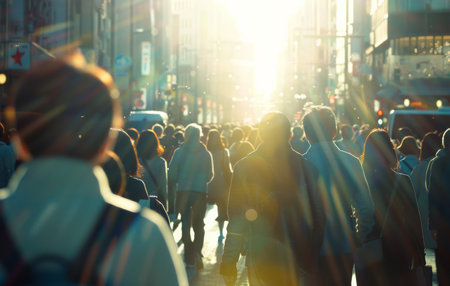 People, walking and together in city with crowd, street and businesspeople commute in Japan onの素材