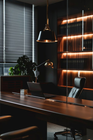 Office, design and dark interior with desk, laptop and empty or table in modern workspace inの素材