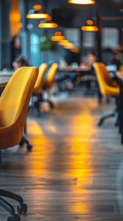 Business, furniture and blurred modern office with people in creative coworking space for careerの素材