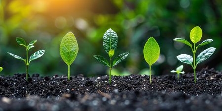 Sapling, growth and plant in soil, environment and bokeh in summer, farming and ecology in natureの素材