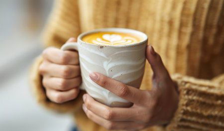 Woman, espresso and closeup with hands for latte art or foam, creative or care with drink. Femaleの素材