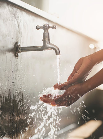 Woman, water and washing hands with tap from sink in public bathroom for hygiene, bacteria and disinfection. Person, closeup and faucet for skincare, cleaning and protection from germs in washroomの写真素材