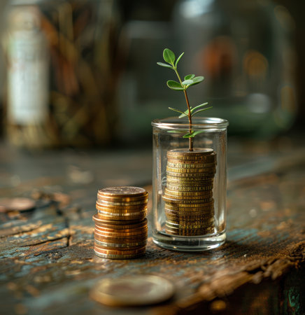 Jar, coins and plant with savings, growth and budget with financial planning, future and profit. Empty, investment and retirement fund with interest rate, wealth and seed money with leaf and.の素材