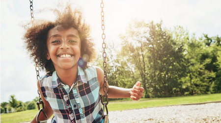 African girl, portrait and smile with playground, swing and nature for outdoor fun and play with fresh air. Child, tree and park with summer, freedom and school holiday or break outside for happinessの写真素材