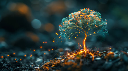 Tree, futuristic and plant in nature, farm and bokeh in environment, earth and leaves in soil outdoor. Agriculture, dirt and field for carbon footprint, sustainability and project for seedling.の素材