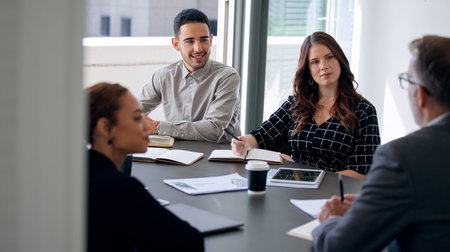 Meeting, business people and talking on sale in office, feedback and planning in boardroom....