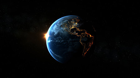 Earth, city and dark in space with light, planet or urban glow in universe galaxy or solar system. Geography, astronomy or satellite for research or exploration, orbit or continents in night sky.の素材