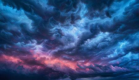 Clouds, night and sky with stars or blue for background, Mars or planet with glow or sun. Heavens, calm and dark with light from galaxy or universe, space view of nebula on Jupiter for astrology.の素材