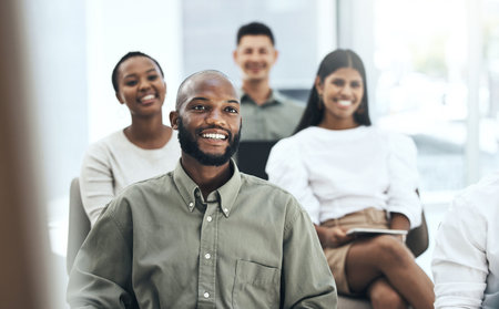Seminar, group and smile for presentation, listening and training for business in trade show and...