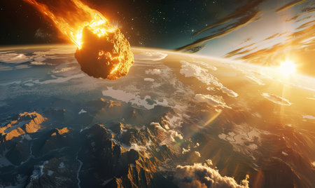 Earth, universe and fire of asteroid, sun and travel of object in space, orbit and rock of alien to world. Cosmic, solar system and astrology, fast and speed in galaxy, planet and futuristic in sky.の素材