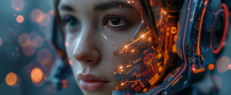 Ai, futuristic and robot with eyes, machine and scifi in technology for innovation, person and cyberpunk. Creative, digital transformation and humanoid for security, virtual and character of cyborg.の素材