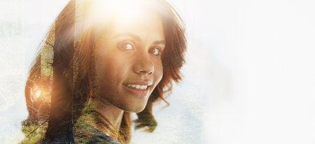 Business woman, double exposure and forest with portrait, smile and mockup space for promotion of ecology. Entrepreneur, woods and trees in nature, jungle or environment for sustainability at companyの写真素材